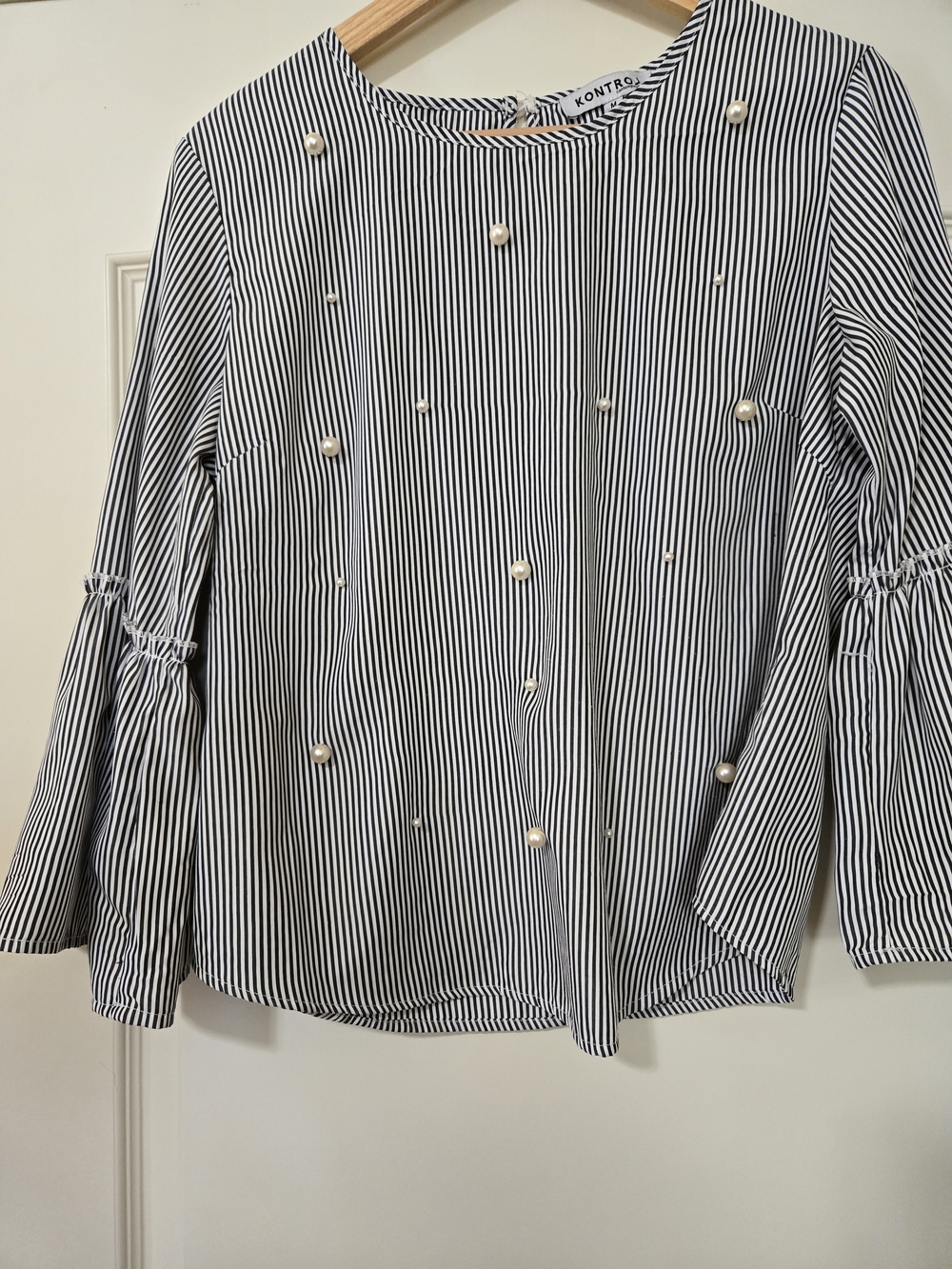 Kontrol Contemporary Navy & White Striped Pearl-Accent Blouse Ruffle Fall